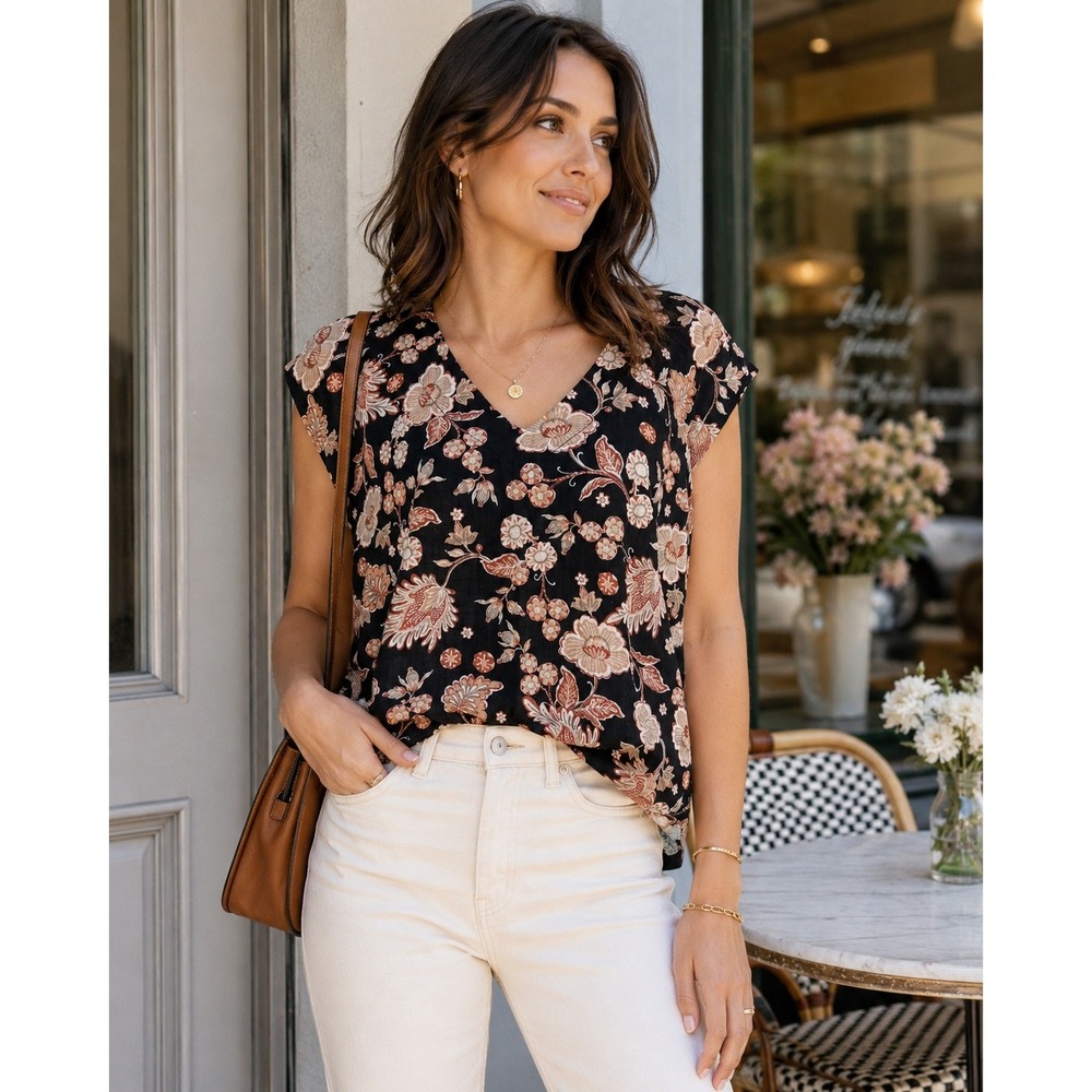 ana a new approach Black Floral V-Neck Short Sleeve Blouse Top Large